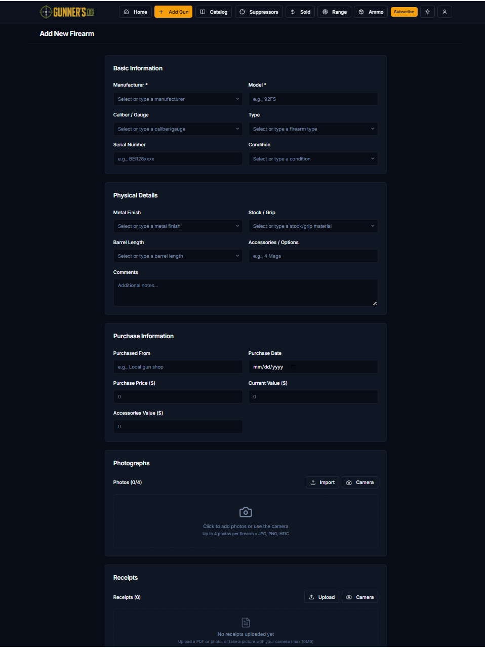Add New Firearm form with basic info, physical details, purchase information, photos and receipts sections