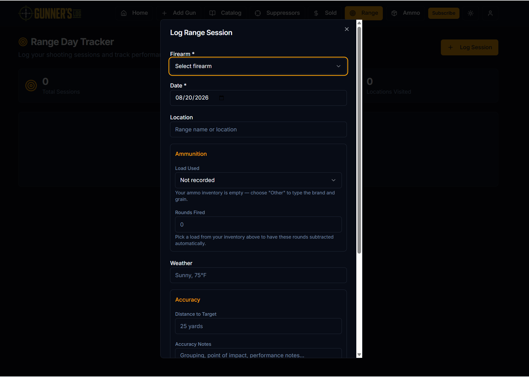 Log Range Session modal showing firearm selector, date, location, ammunition tracking, weather and accuracy fields